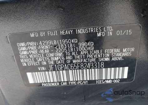 2015 Subaru Impreza 2.0I Premium из США, поврежденный, VIN JF1GPAC65F8243318